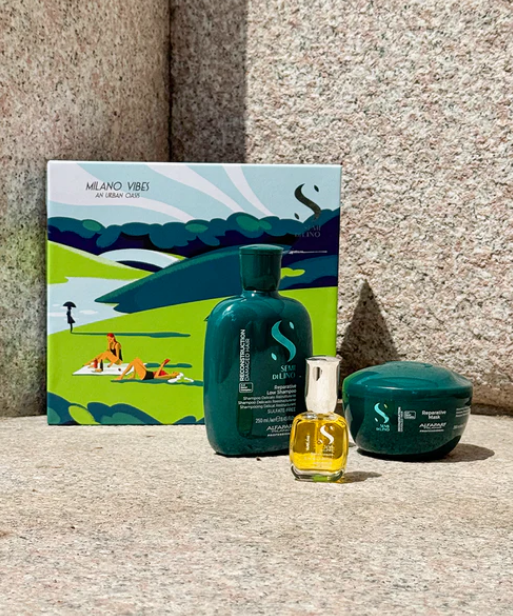 Alfaparf Milano - Semi di Lino Holiday Set Reconstruction / Per capelli danneggiati - Reparative Low Shampoo + Reparative Mask + Cristalli Liquidi